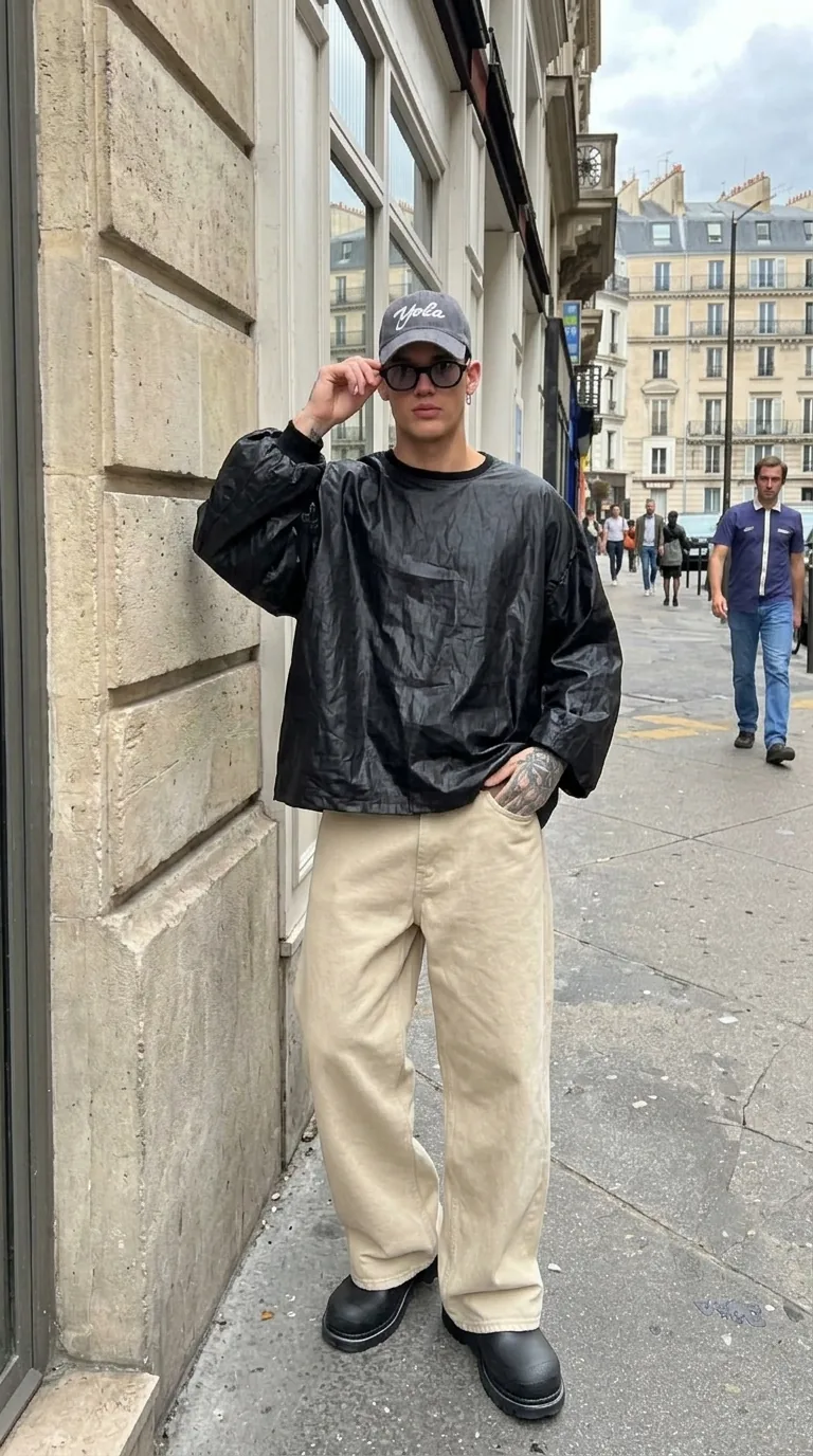 Man wearing Buneri black leather bomber jacket