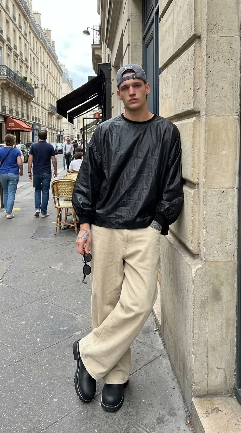 Man wearing Buneri black leather bomber jacket