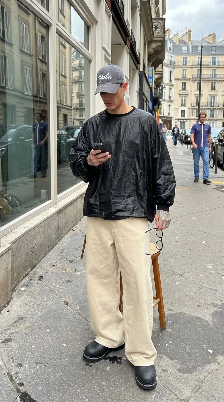 Man wearing Buneri black leather bomber jacket