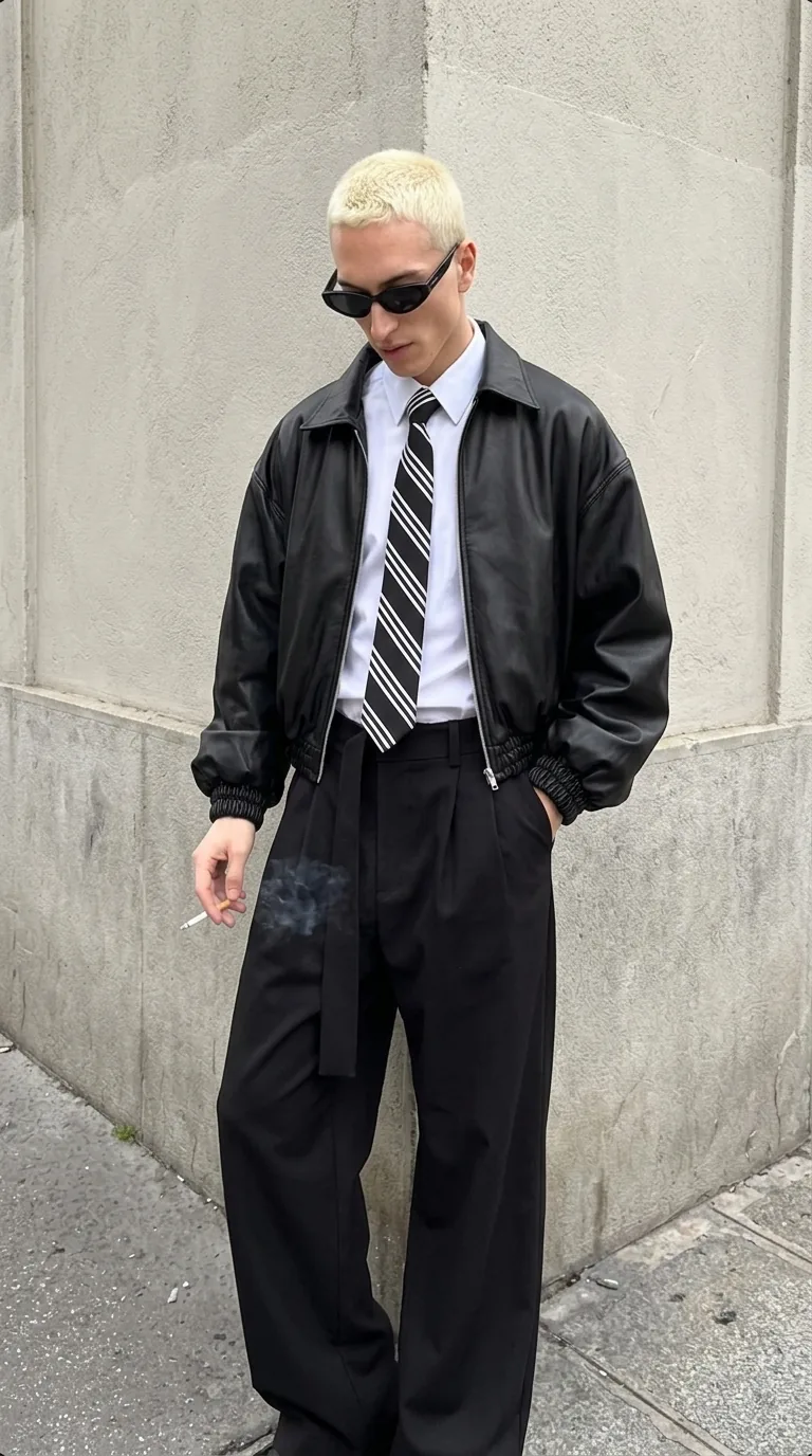 Man wearing Buneri black leather bomber jacket