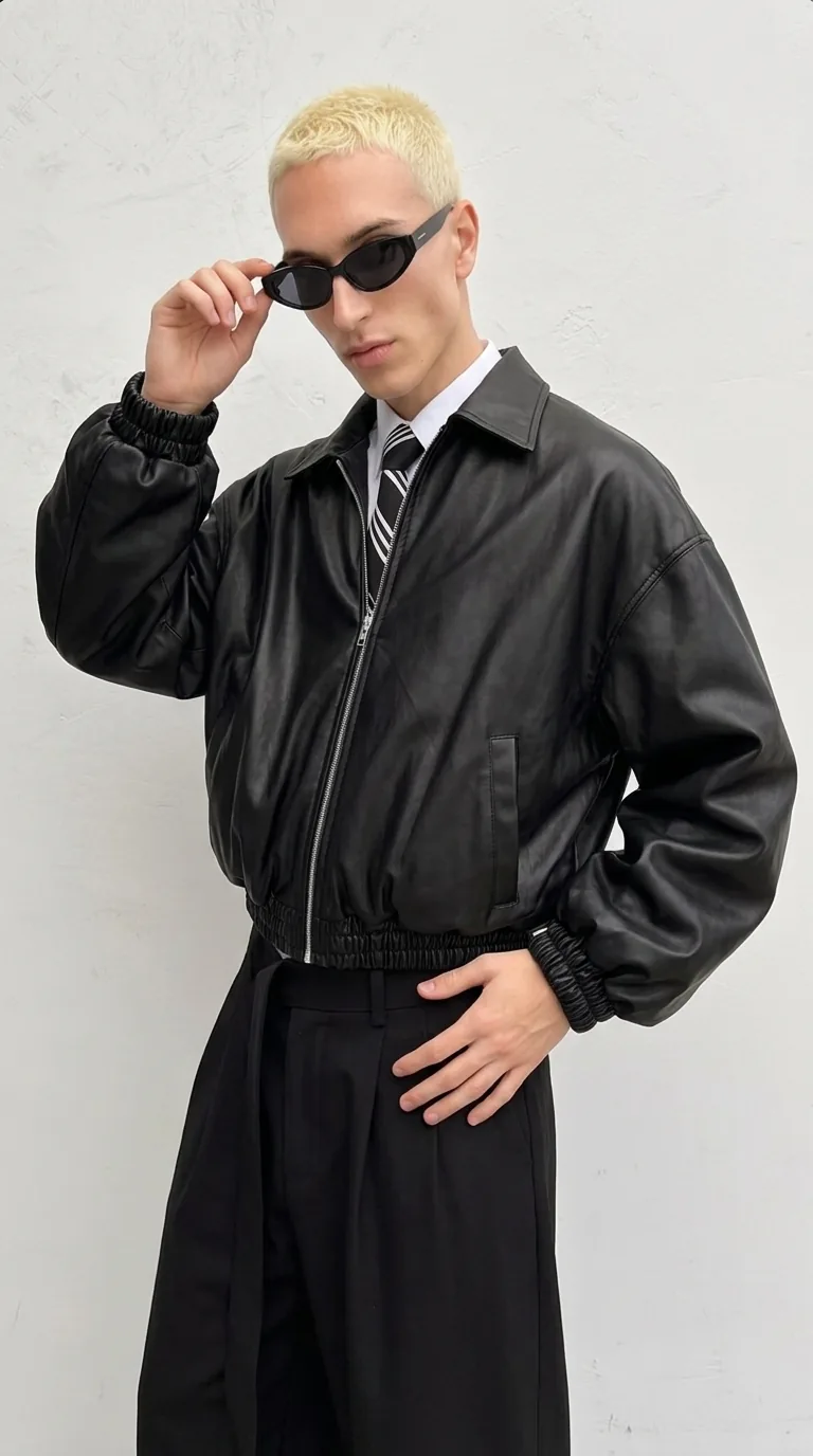Man wearing Buneri black leather bomber jacket