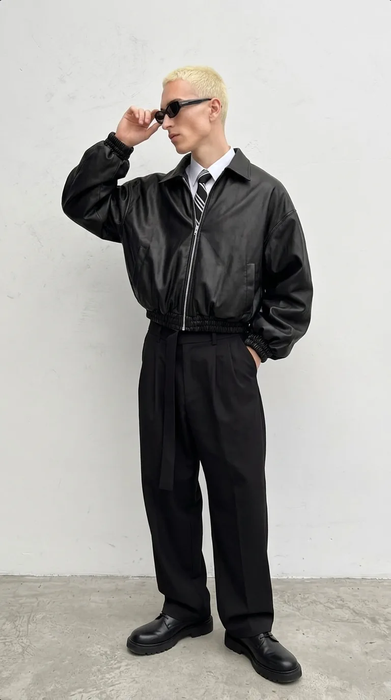 Man wearing Buneri black leather bomber jacket