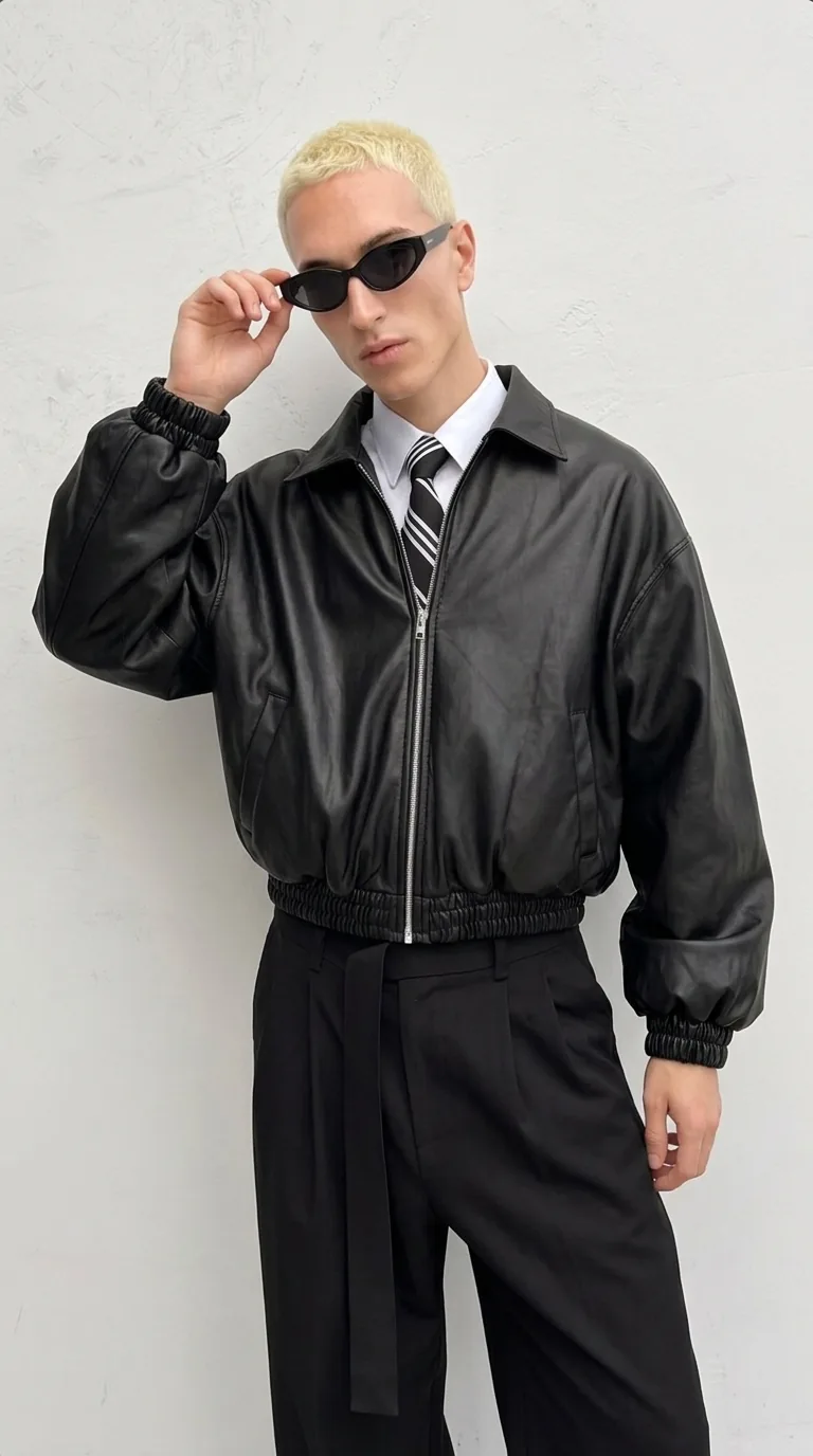 Man wearing Buneri black leather bomber jacket