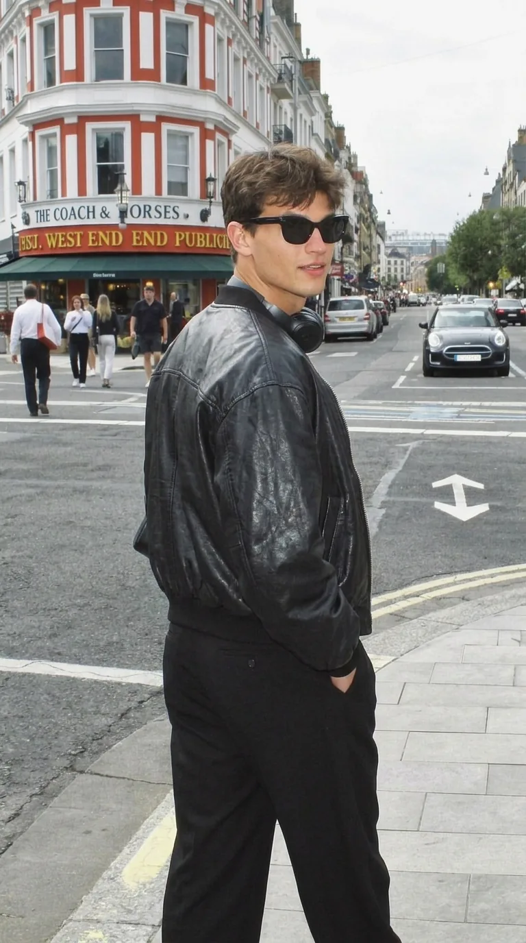 Man wearing Buneri black leather bomber jacket
