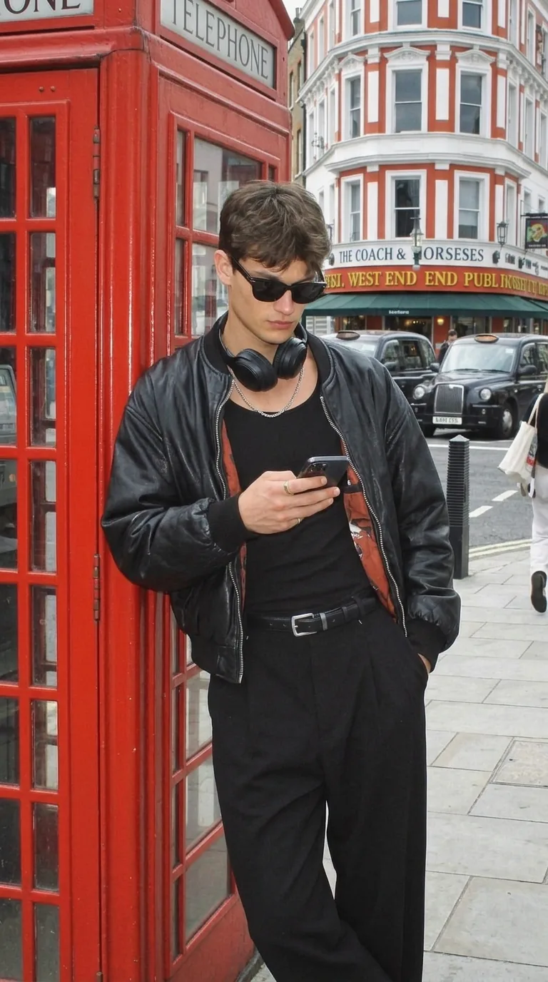 Man wearing Buneri black leather bomber jacket