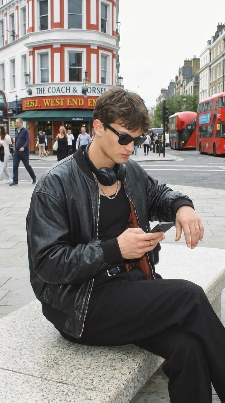 Man wearing Buneri black leather bomber jacket