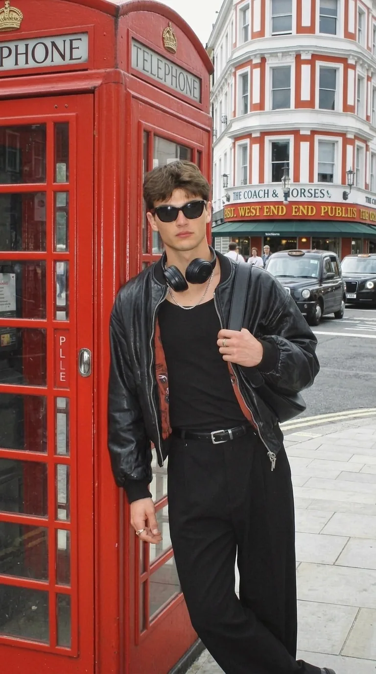 Man wearing Buneri black leather bomber jacket