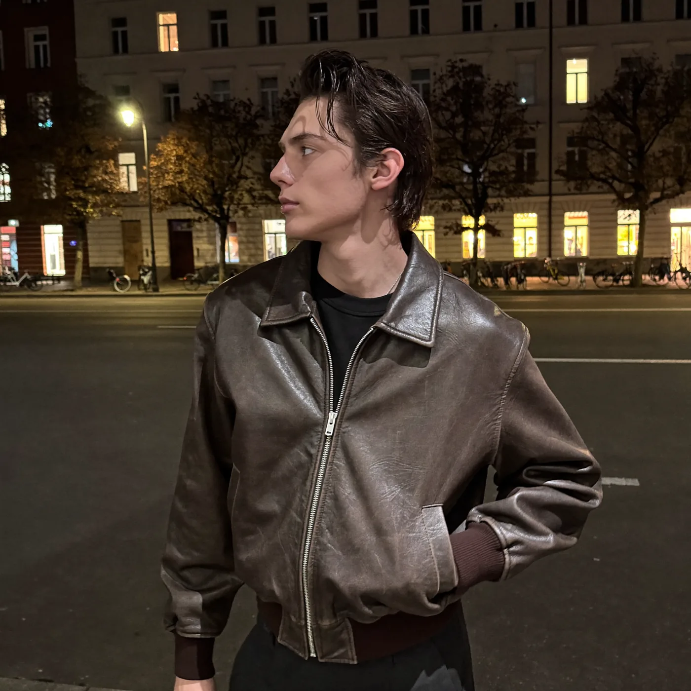 Man wearing Buneri brown leather bomber jacket