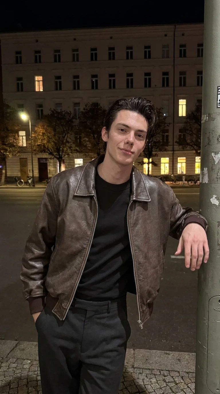 Man wearing Buneri brown leather bomber jacket