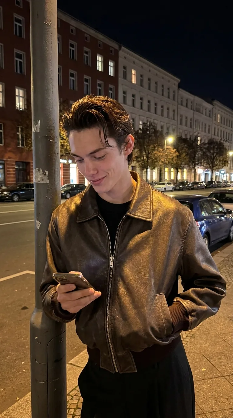 Man wearing Buneri brown leather bomber jacket