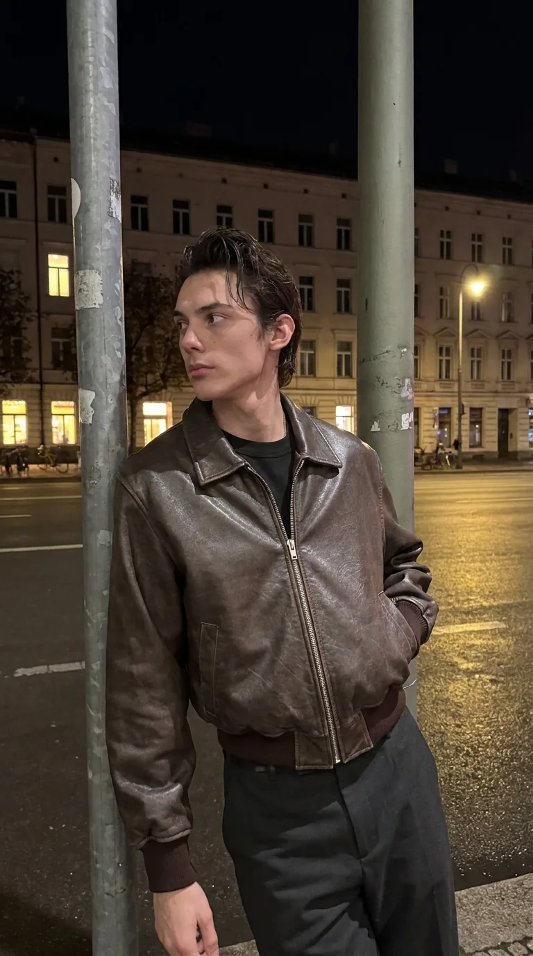 Man wearing Buneri brown leather bomber jacket