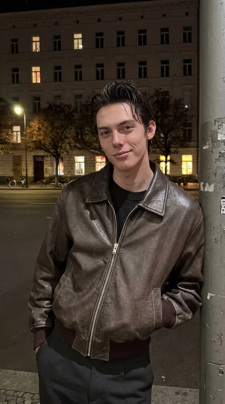 Man wearing Buneri brown leather bomber jacket