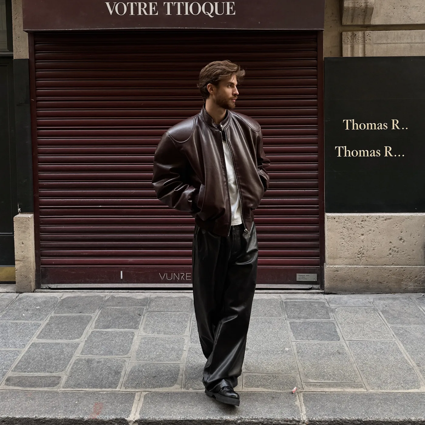 Man wearing Buneri brown leather bomber jacket