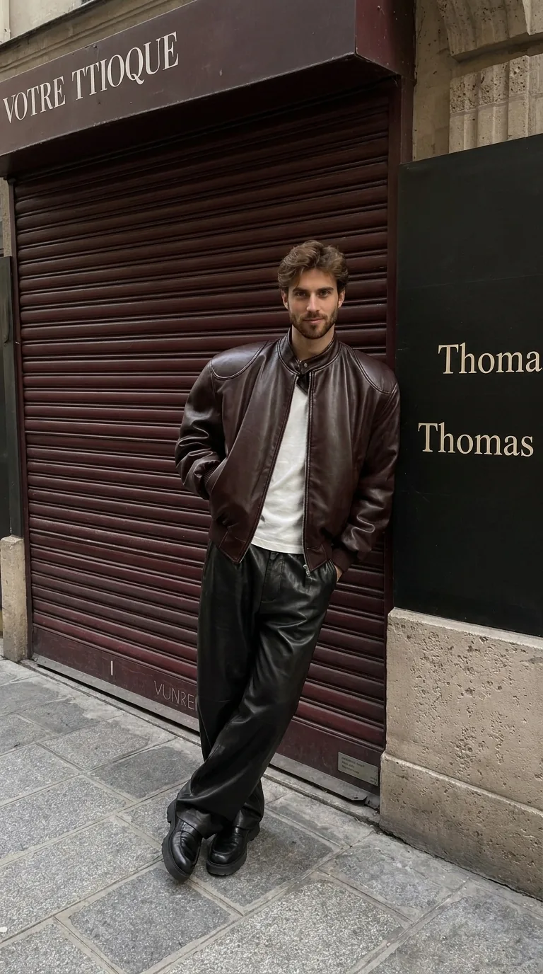 Man wearing Buneri brown leather bomber jacket