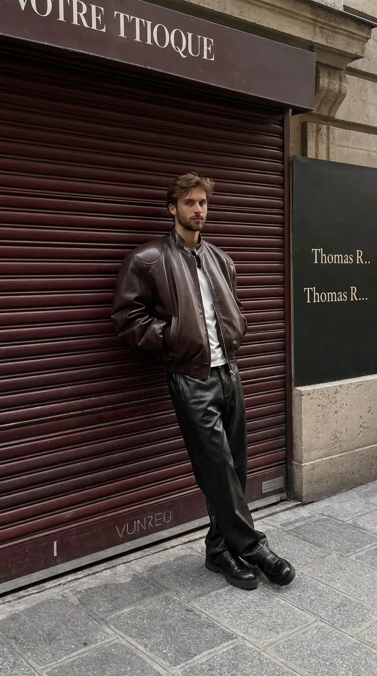 Man wearing Buneri brown leather bomber jacket