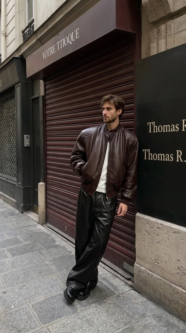 Man wearing Buneri brown leather bomber jacket