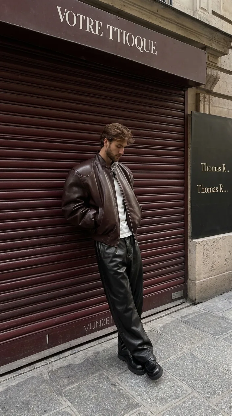 Man wearing Buneri brown leather bomber jacket