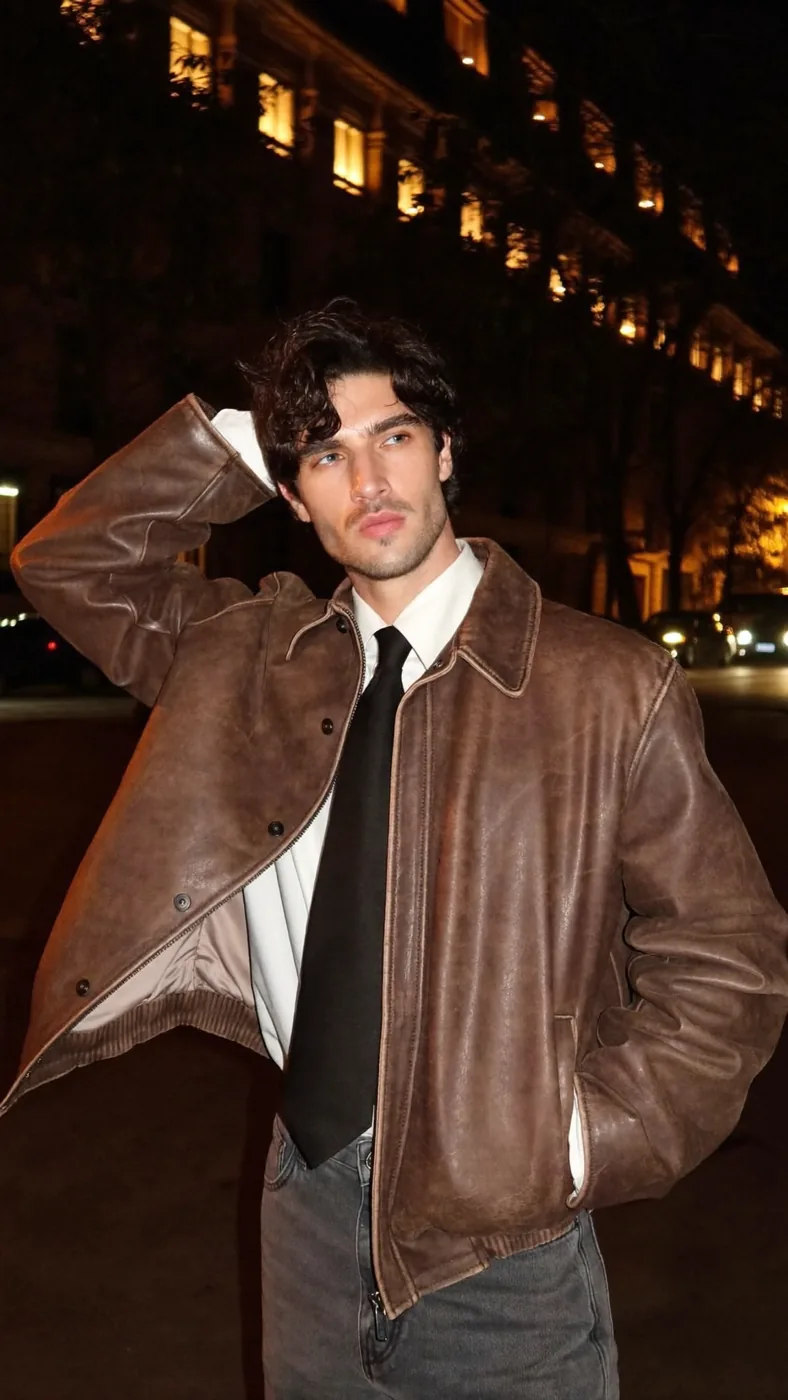 Man wearing Buneri brown leather bomber jacket