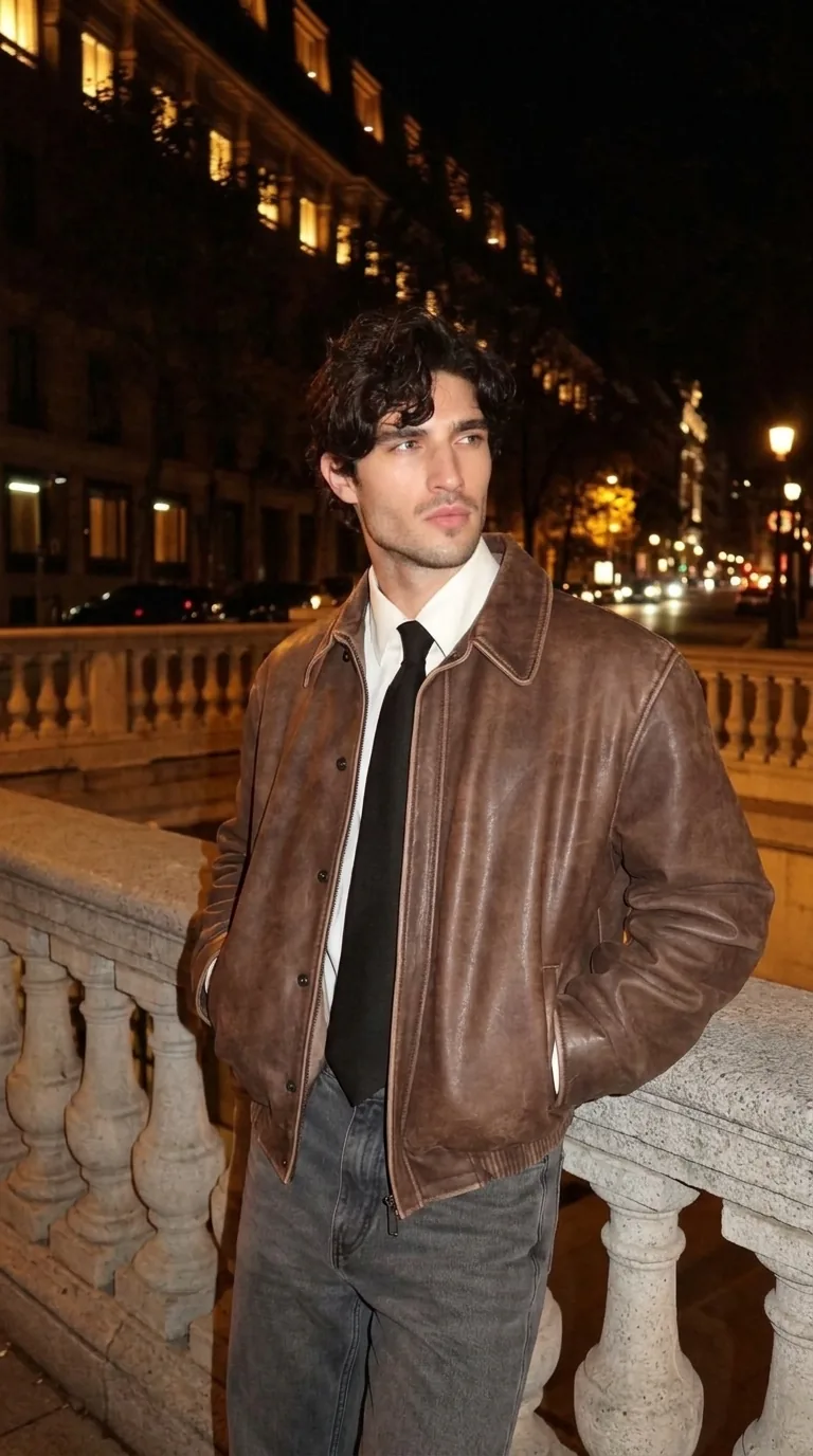 Man wearing Buneri brown leather bomber jacket