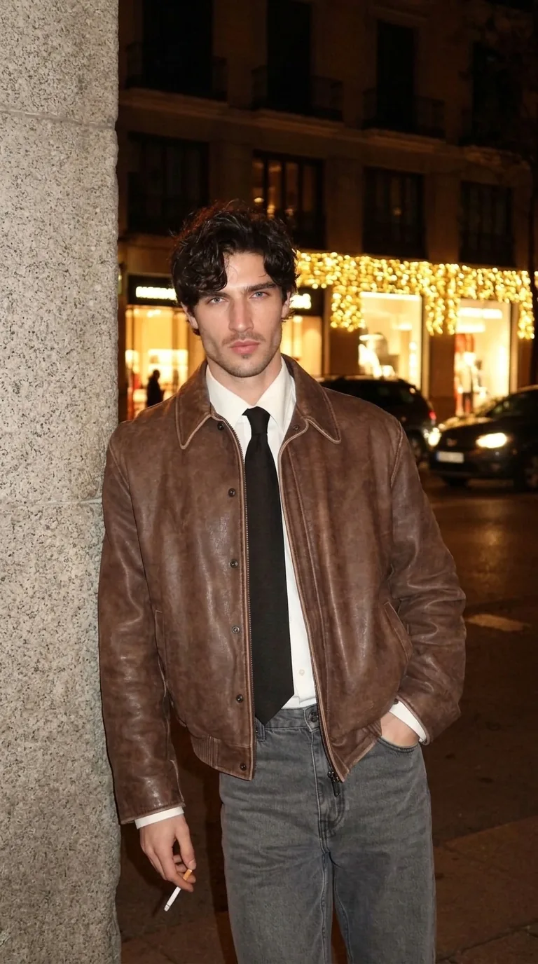 Man wearing Buneri brown leather bomber jacket