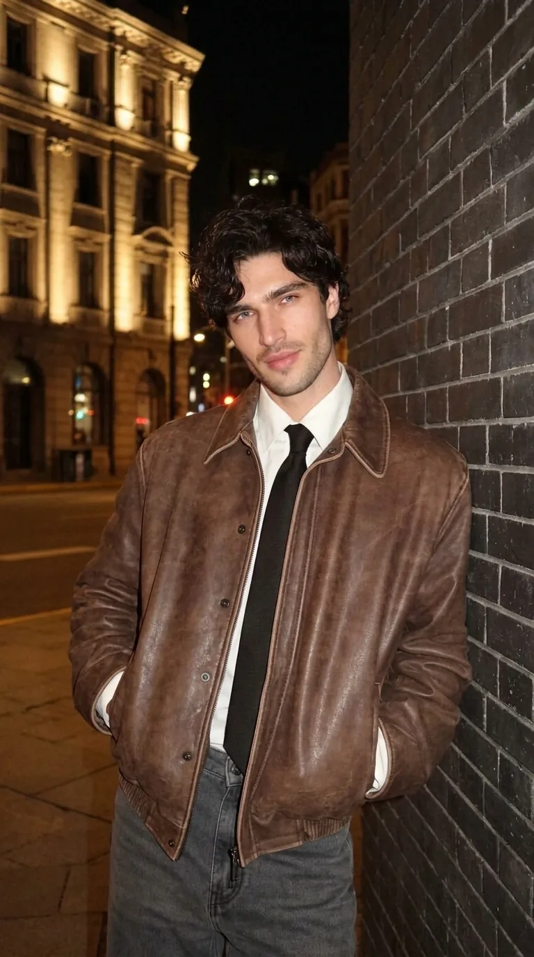 Man wearing Buneri brown leather bomber jacket