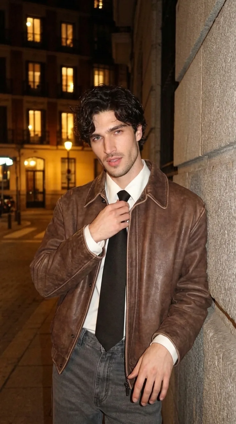 Man wearing Buneri brown leather bomber jacket