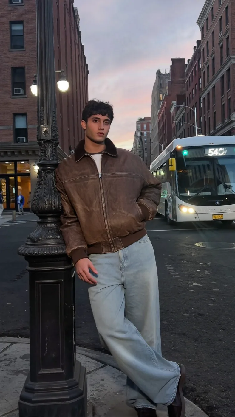 Man wearing Buneri brown leather bomber jacket