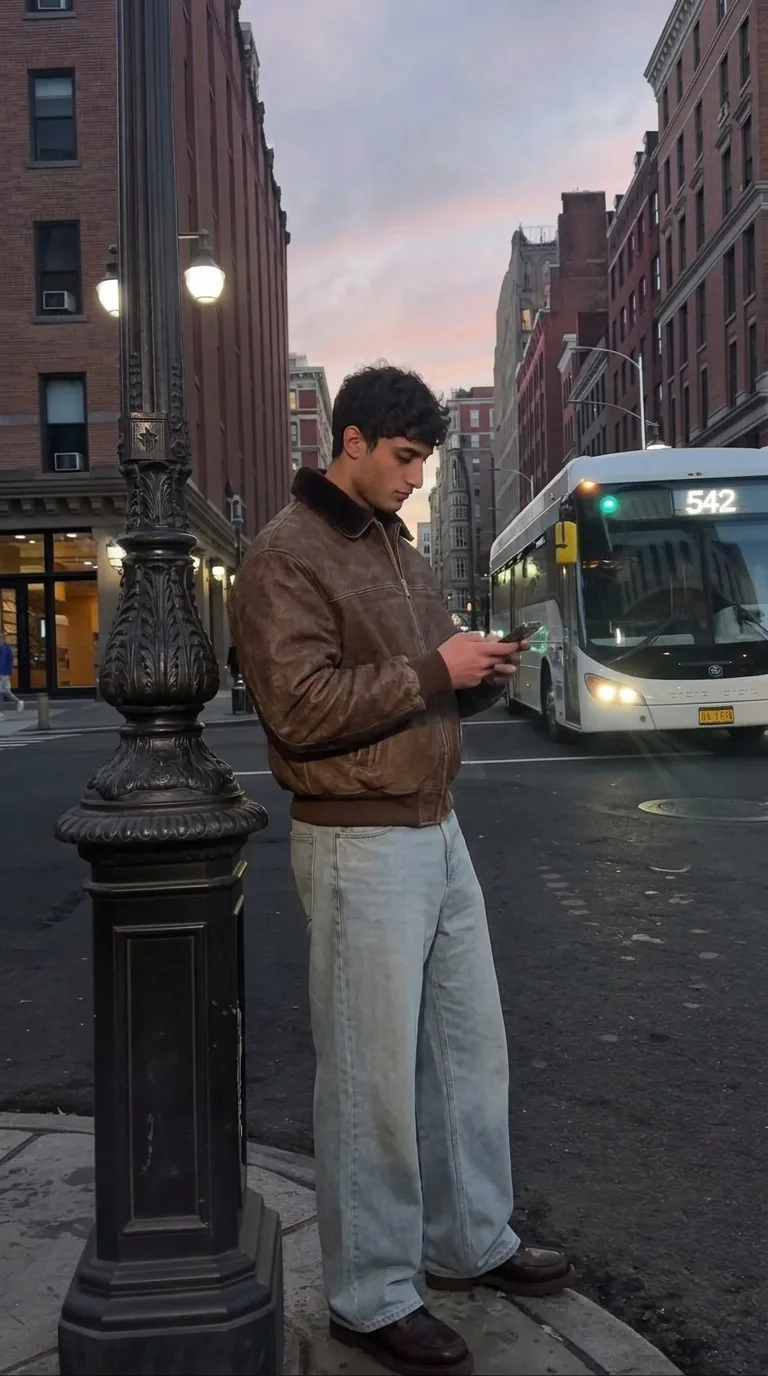 Man wearing Buneri brown leather bomber jacket