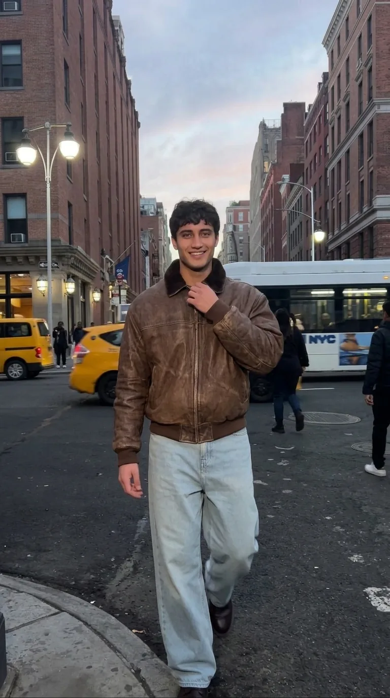 Man wearing Buneri brown leather bomber jacket