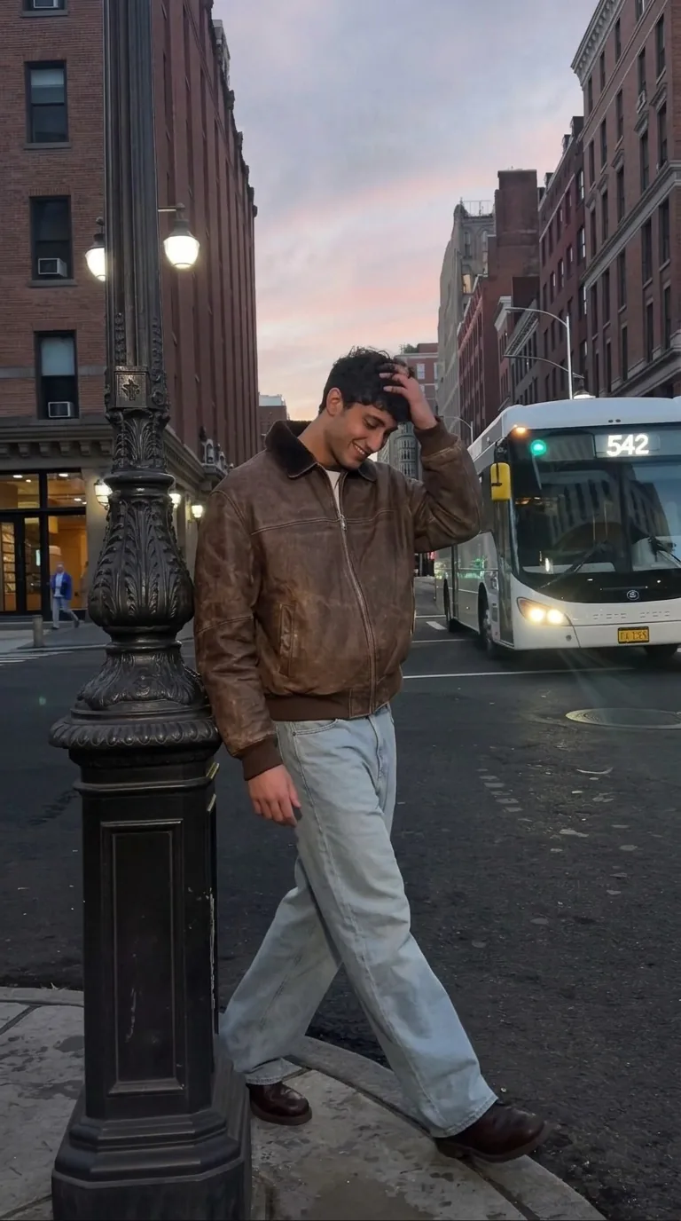 Man wearing Buneri brown leather bomber jacket