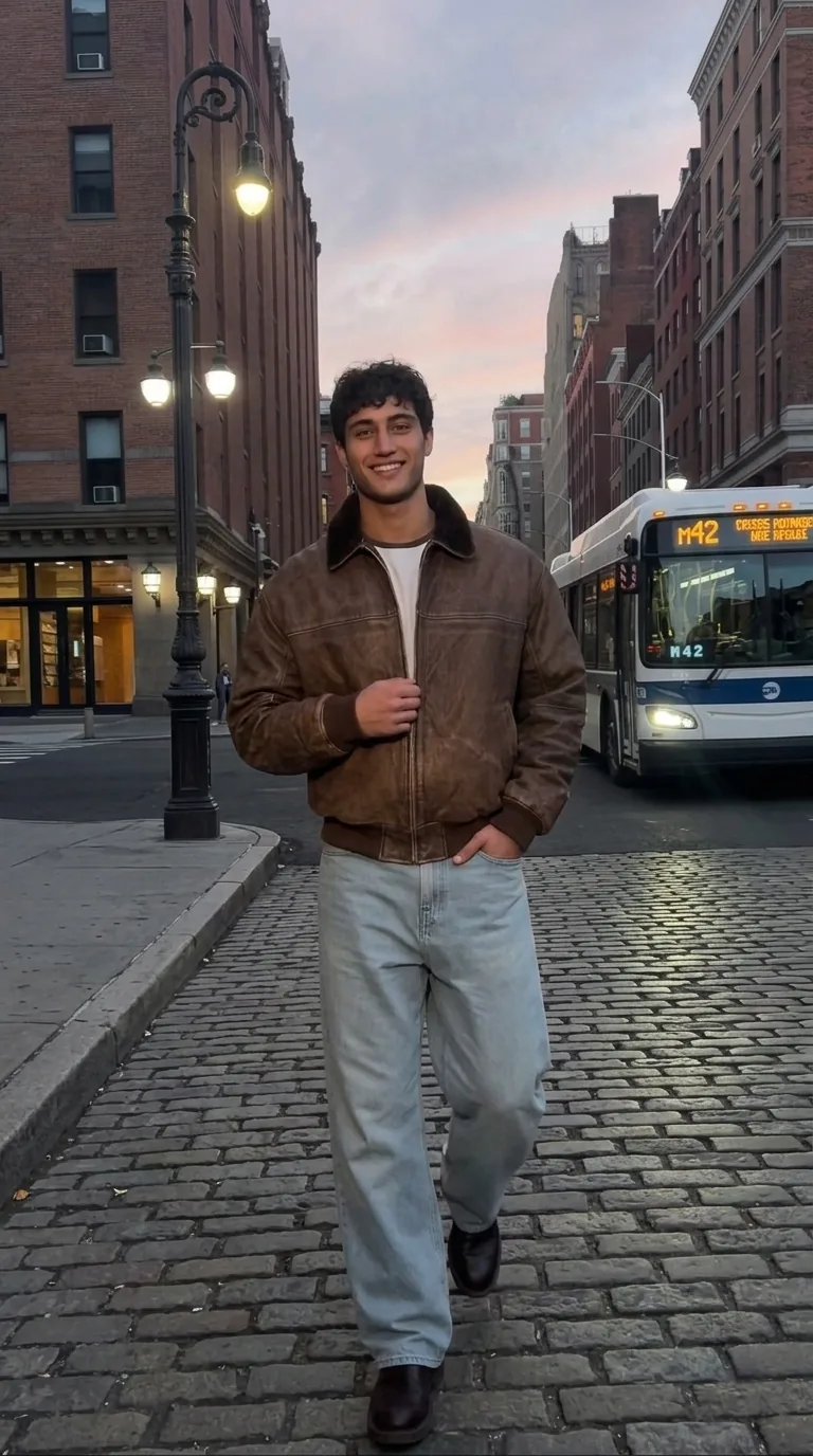 Man wearing Buneri brown leather bomber jacket