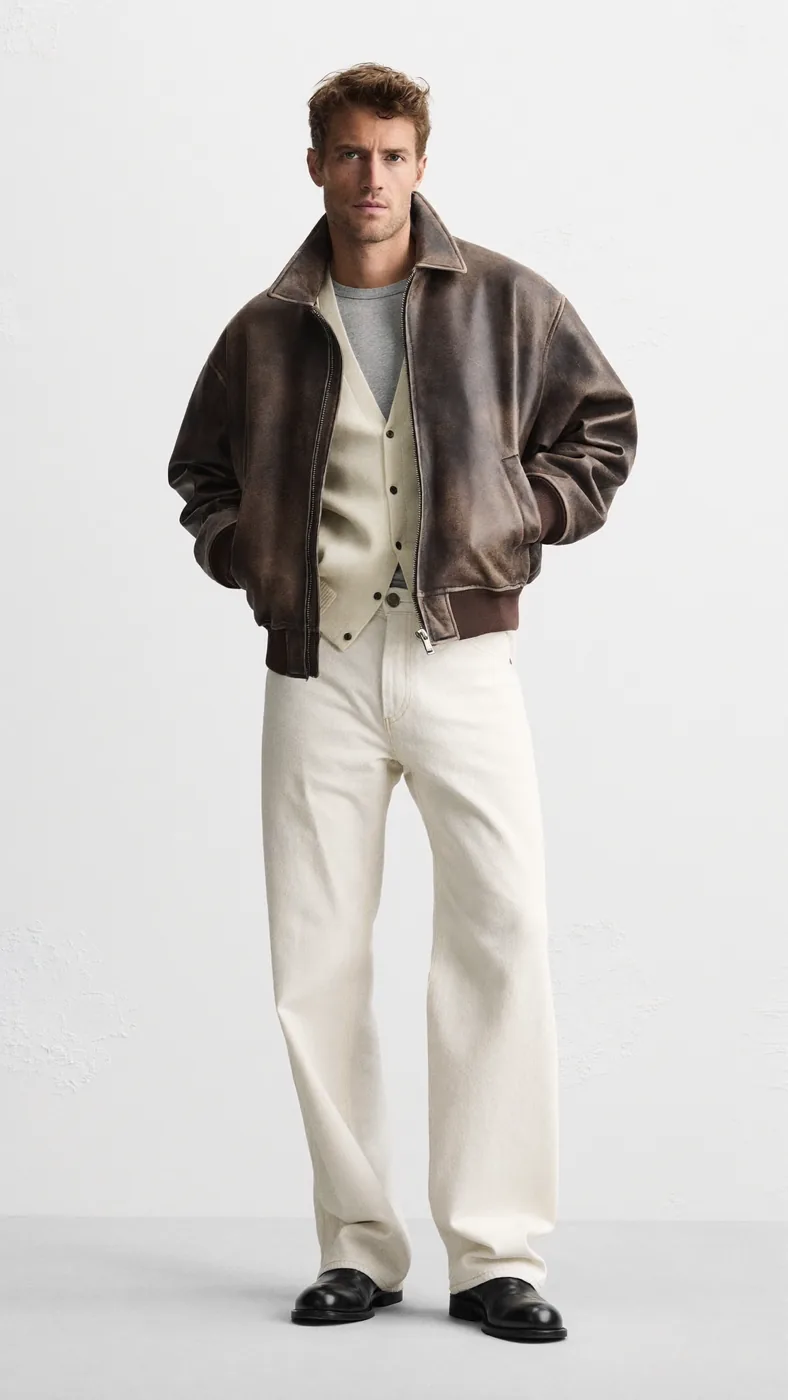 Man wearing Buneri brown oversized leather bomber jacket