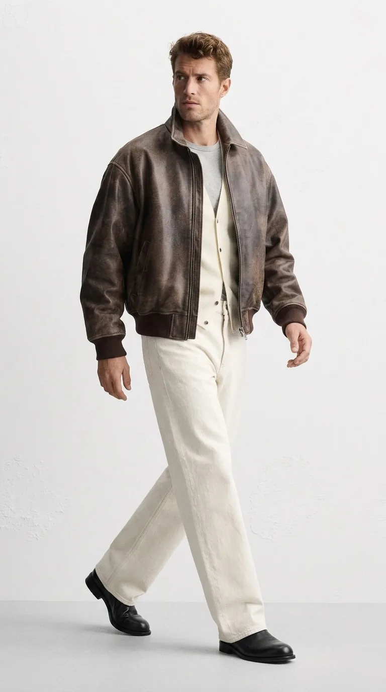 Man wearing Buneri brown oversized leather bomber jacket