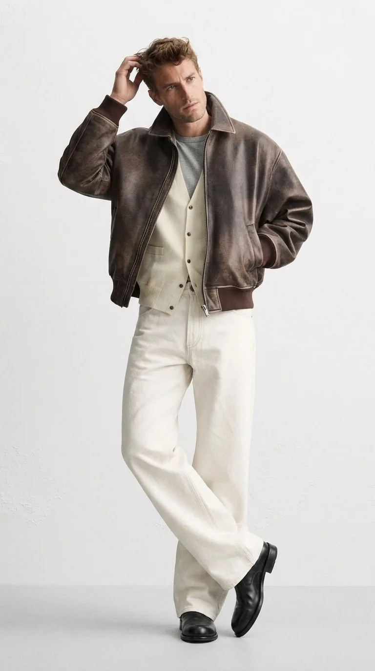 Man wearing Buneri brown oversized leather bomber jacket