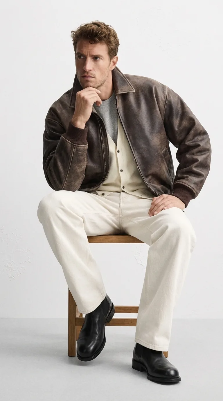 Man wearing Buneri brown oversized leather bomber jacket