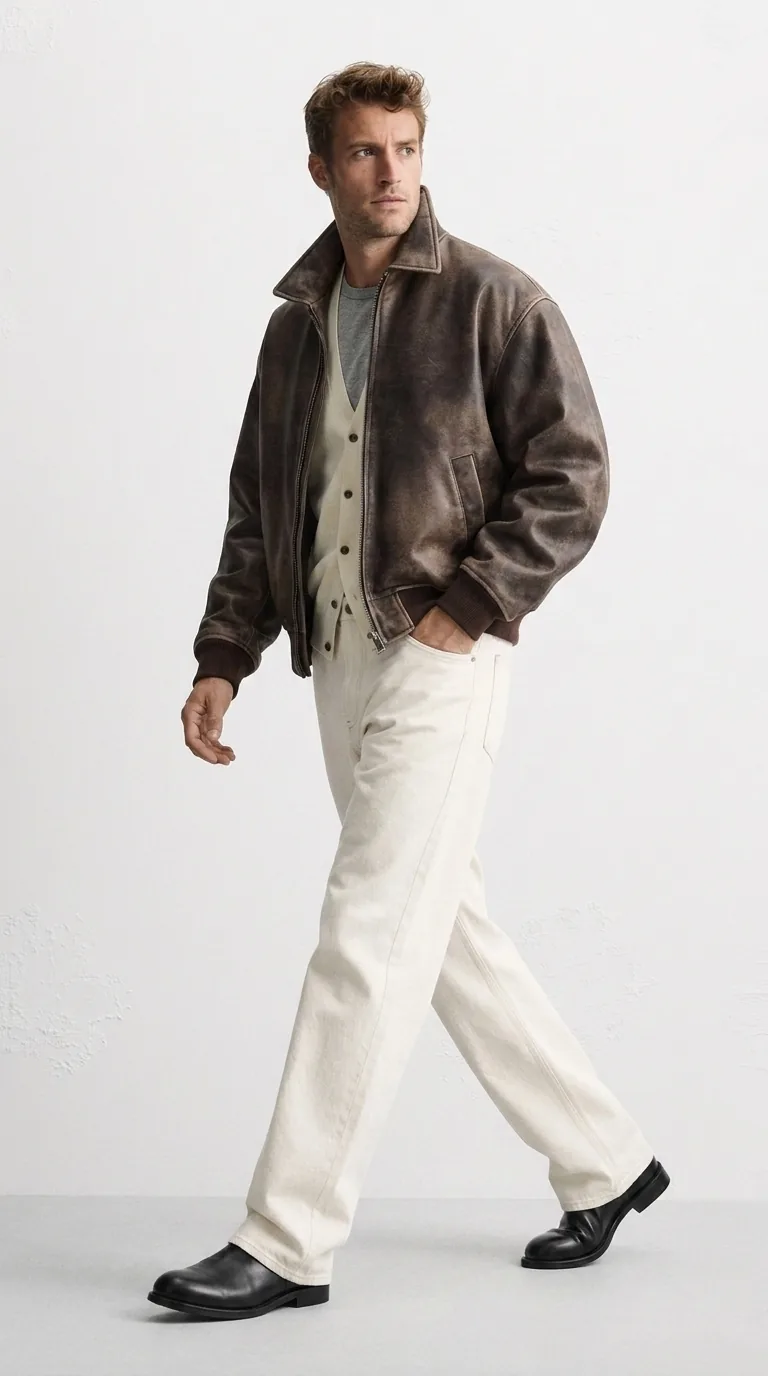Man wearing Buneri brown oversized leather bomber jacket