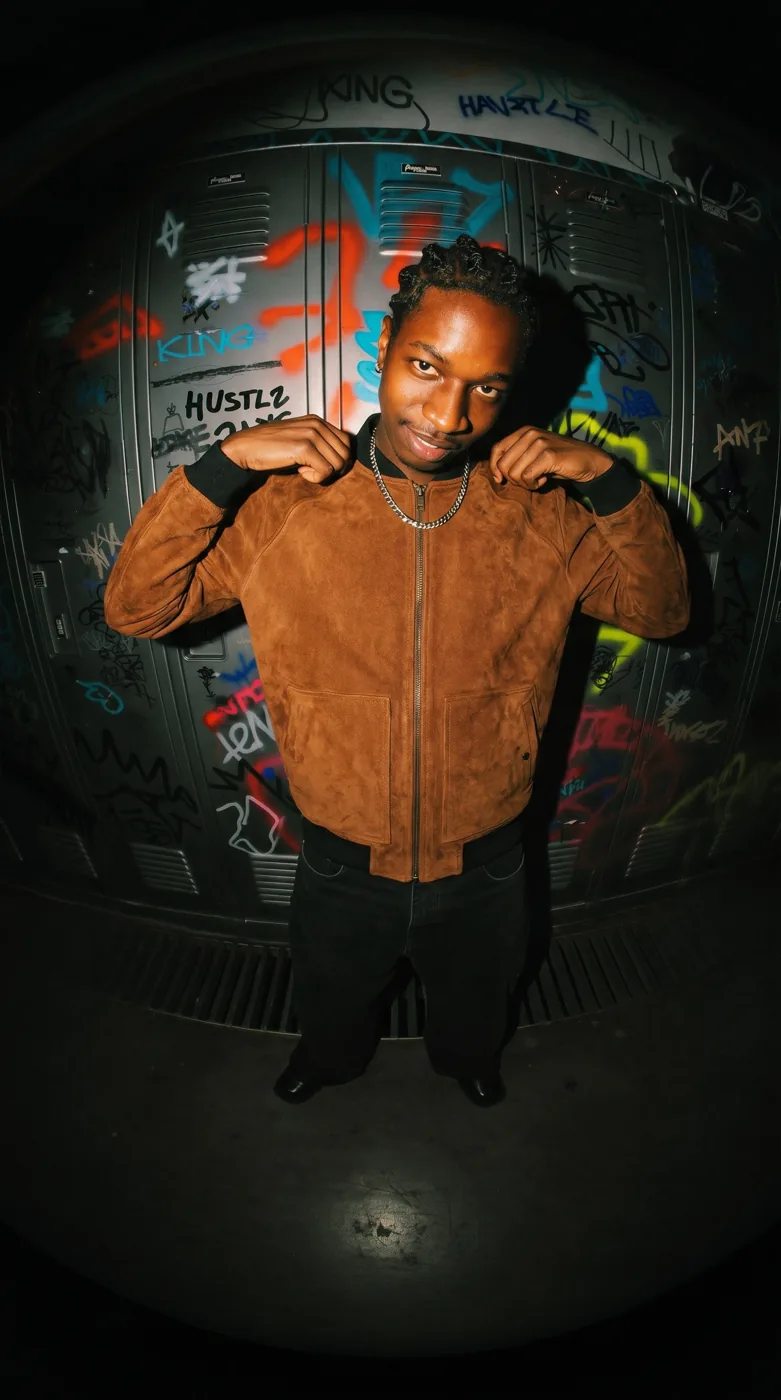 Man wearing Buneri brown suede leather bomber jacket