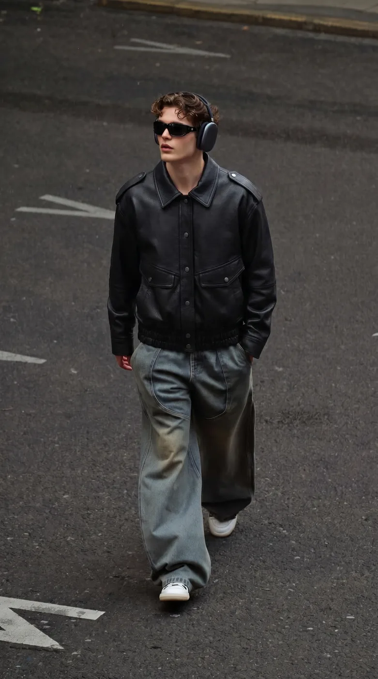 Man wearing Buneri black leather bomber jacket