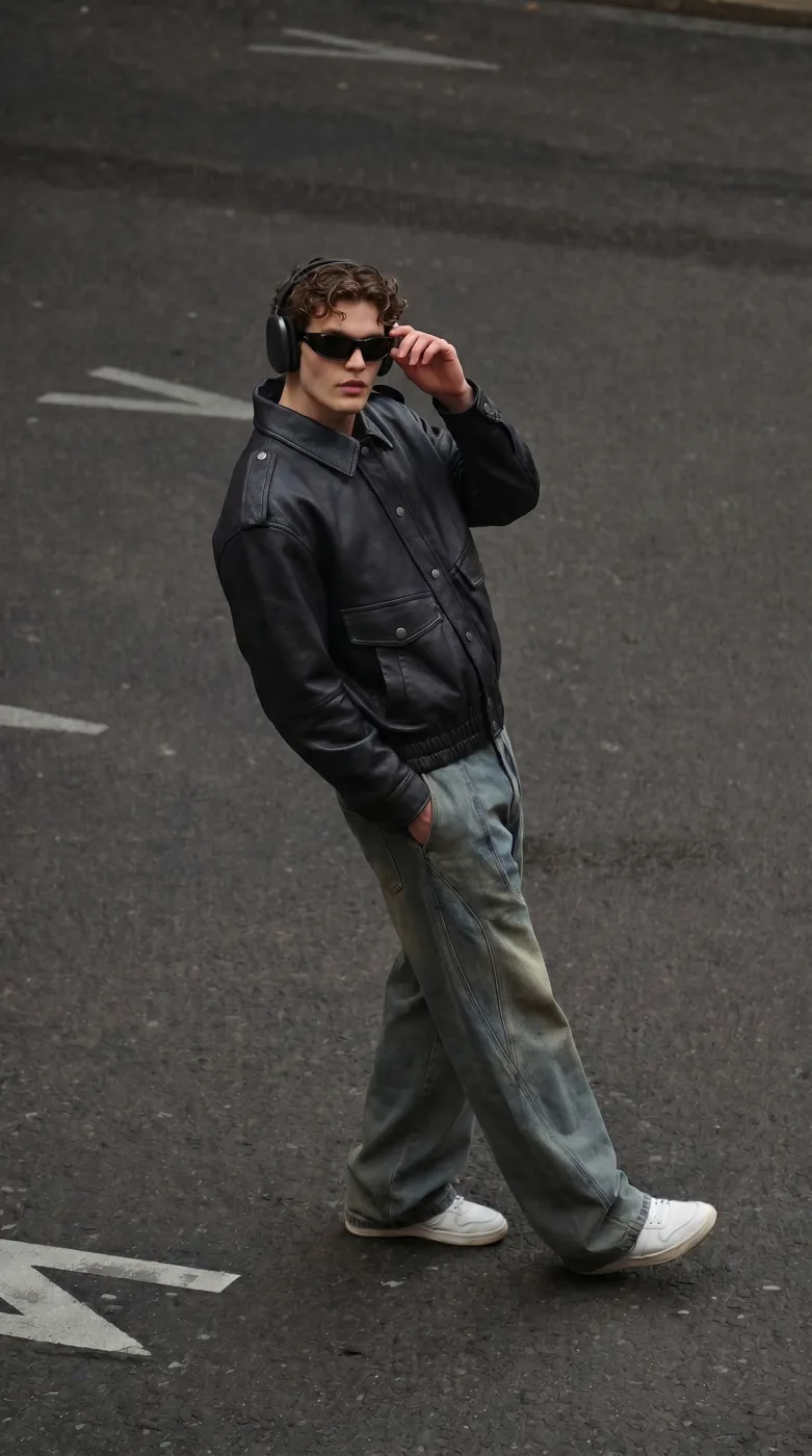 Man wearing Buneri black leather bomber jacket