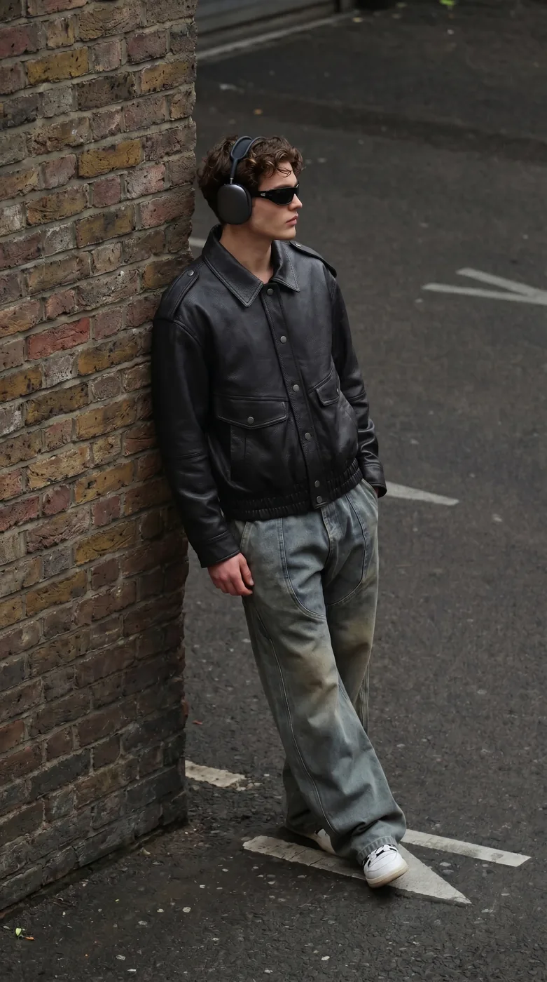 Man wearing Buneri black leather bomber jacket