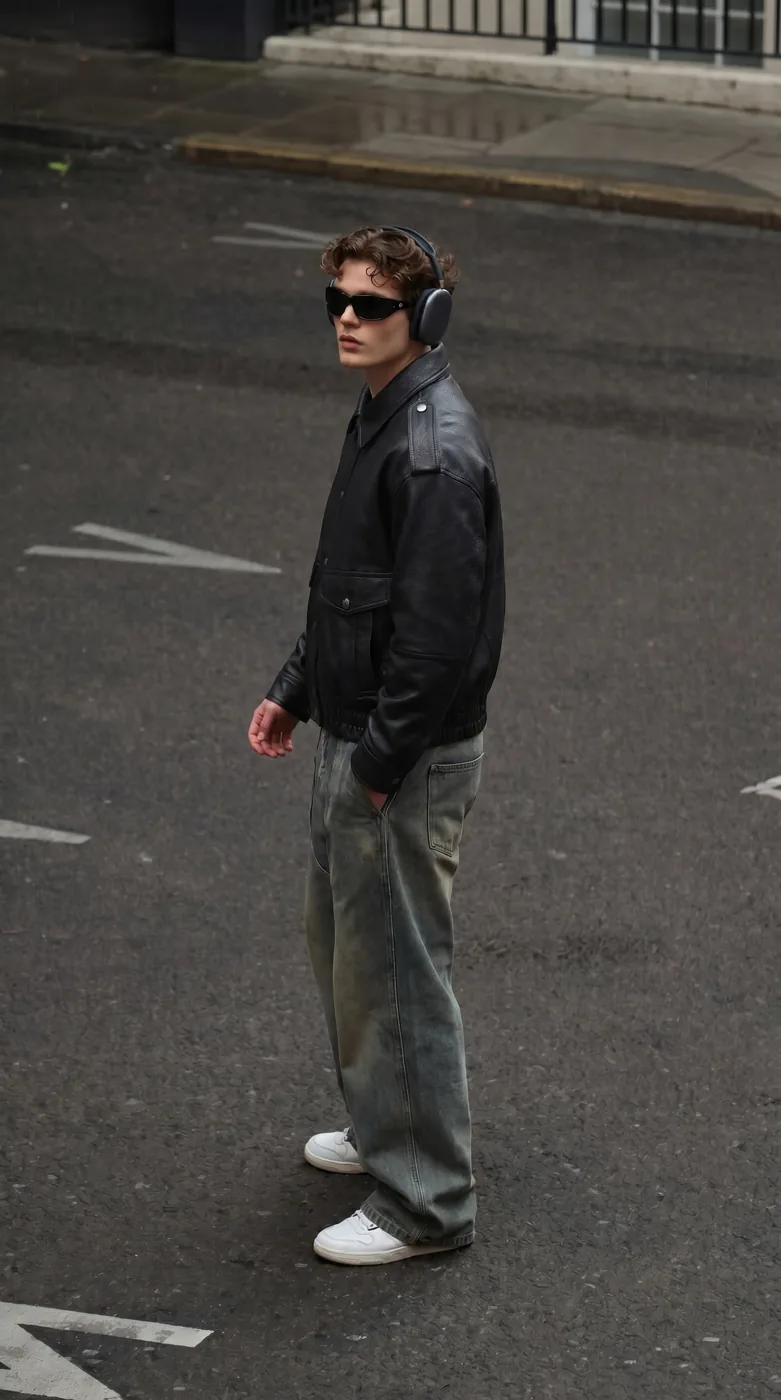 Man wearing Buneri black leather bomber jacket