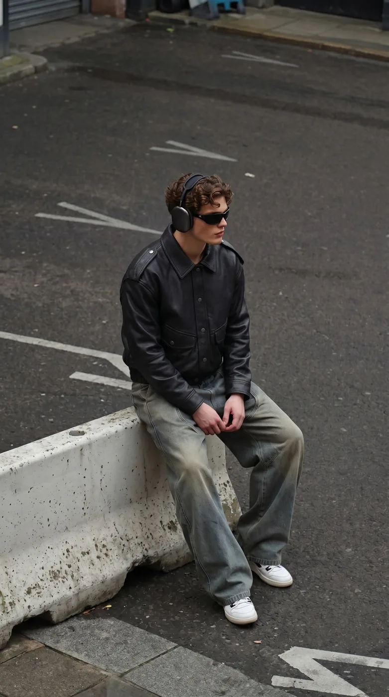 Man wearing Buneri black leather bomber jacket