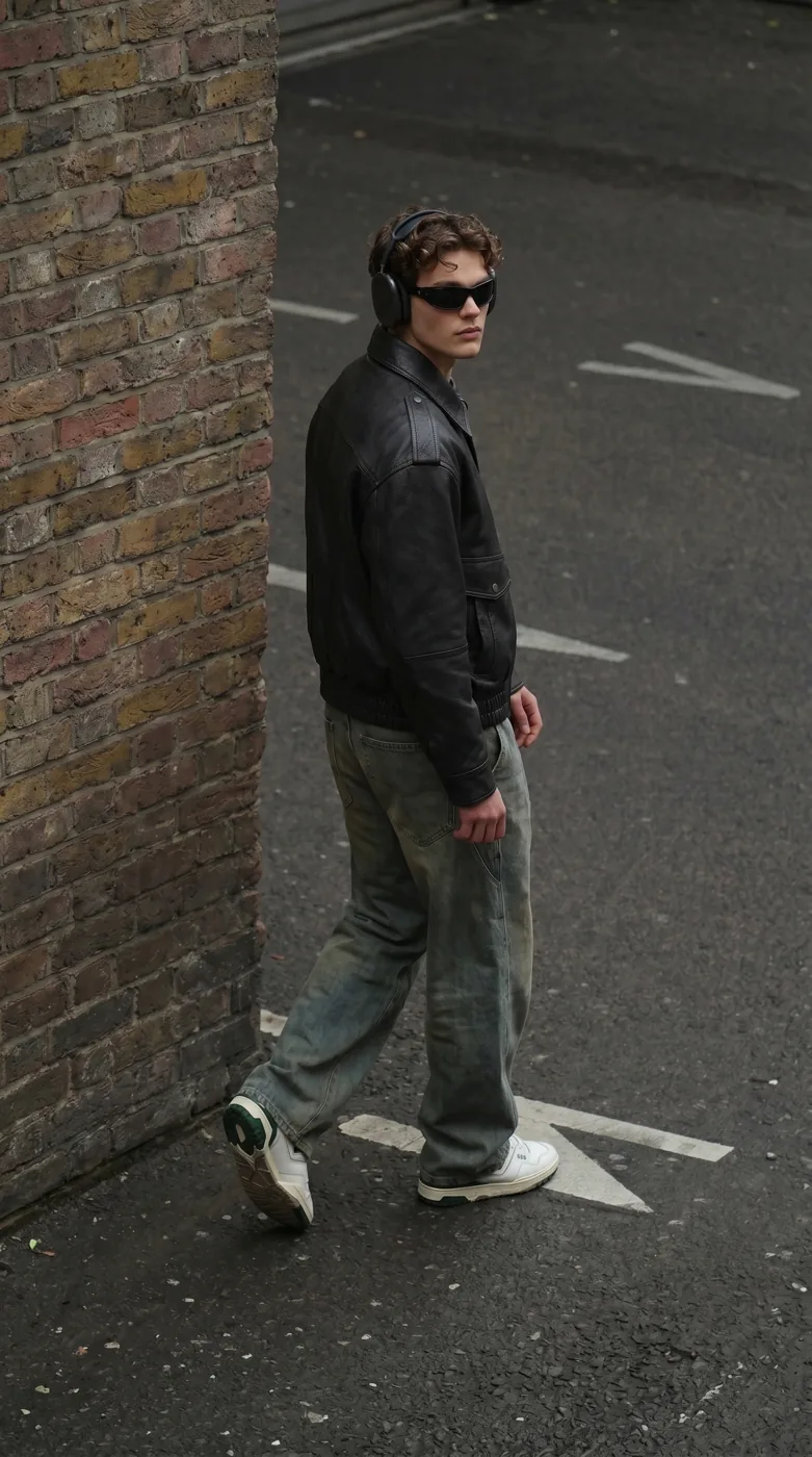 Man wearing Buneri black leather bomber jacket