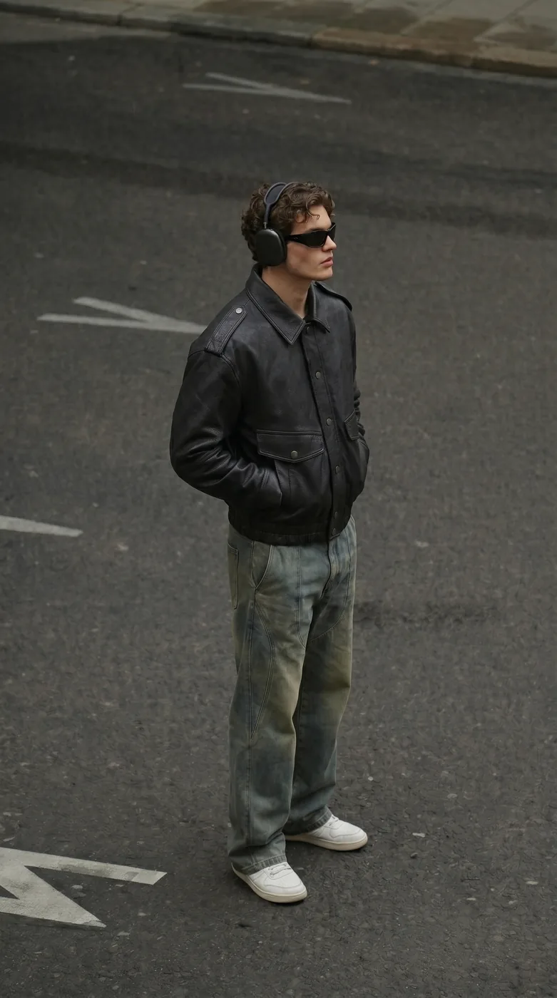 Man wearing Buneri black leather bomber jacket