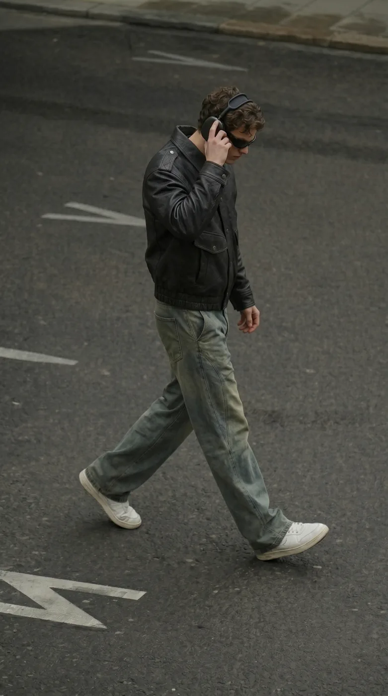 Man wearing Buneri black leather bomber jacket