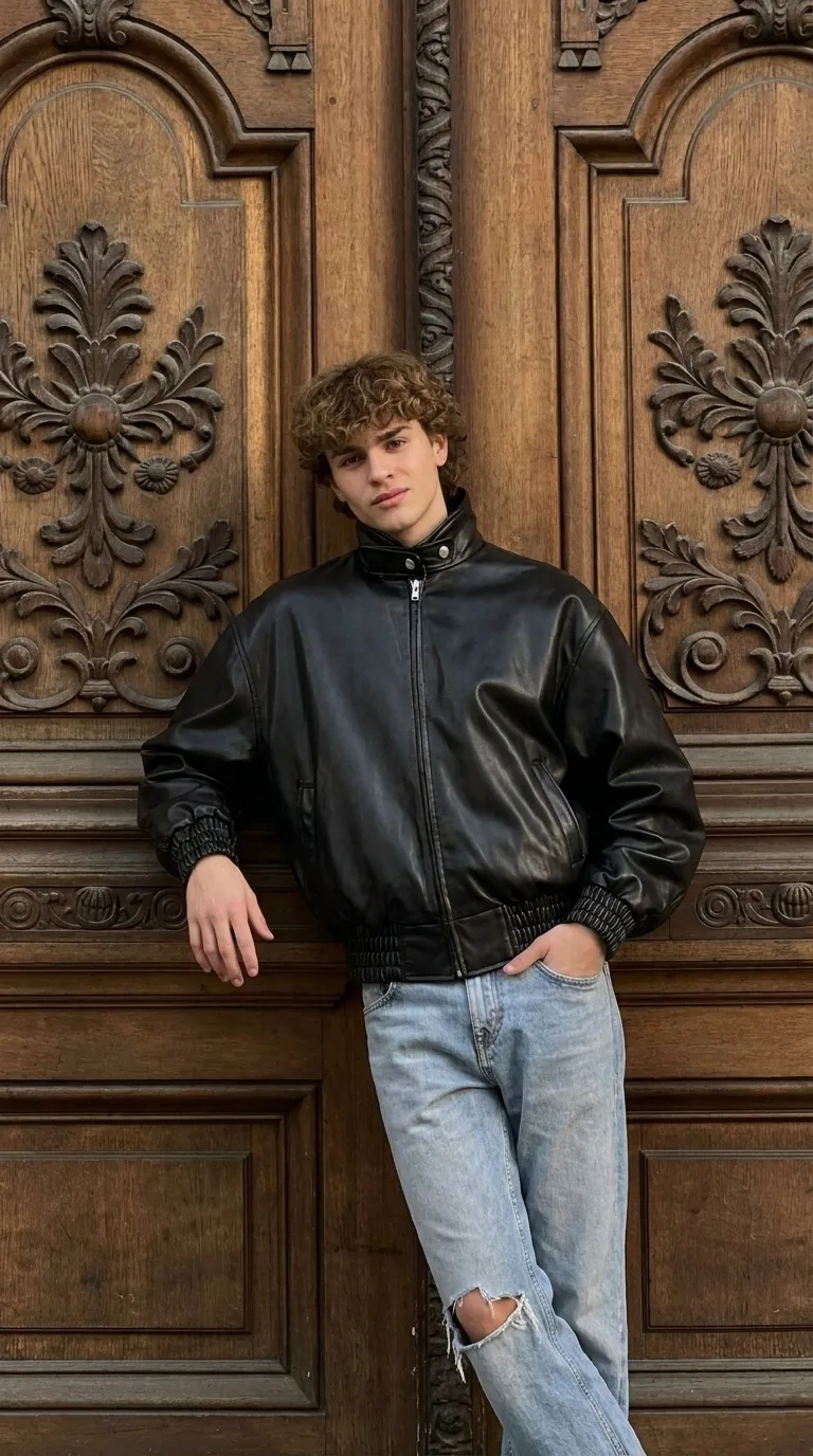 Man wearing Buneri black leather bomber jacket