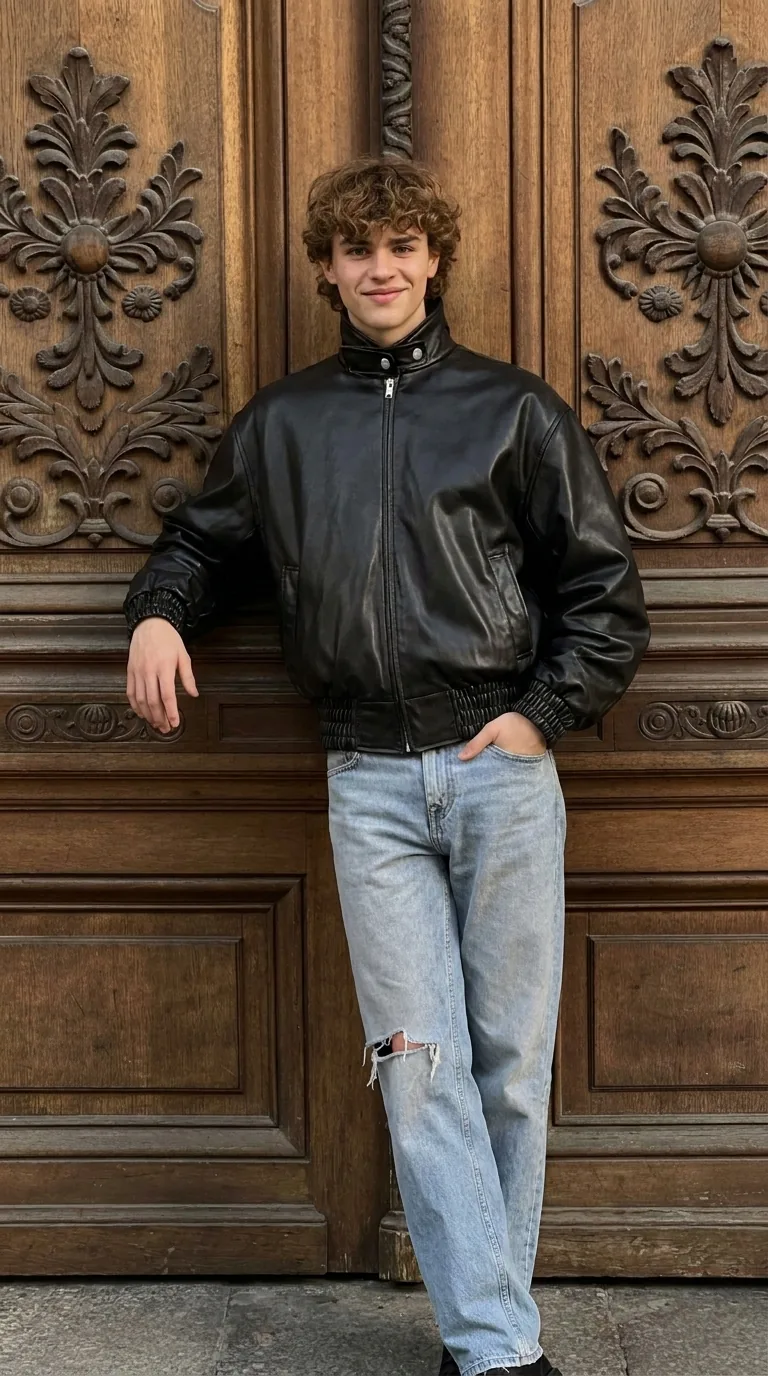 Man wearing Buneri black leather bomber jacket