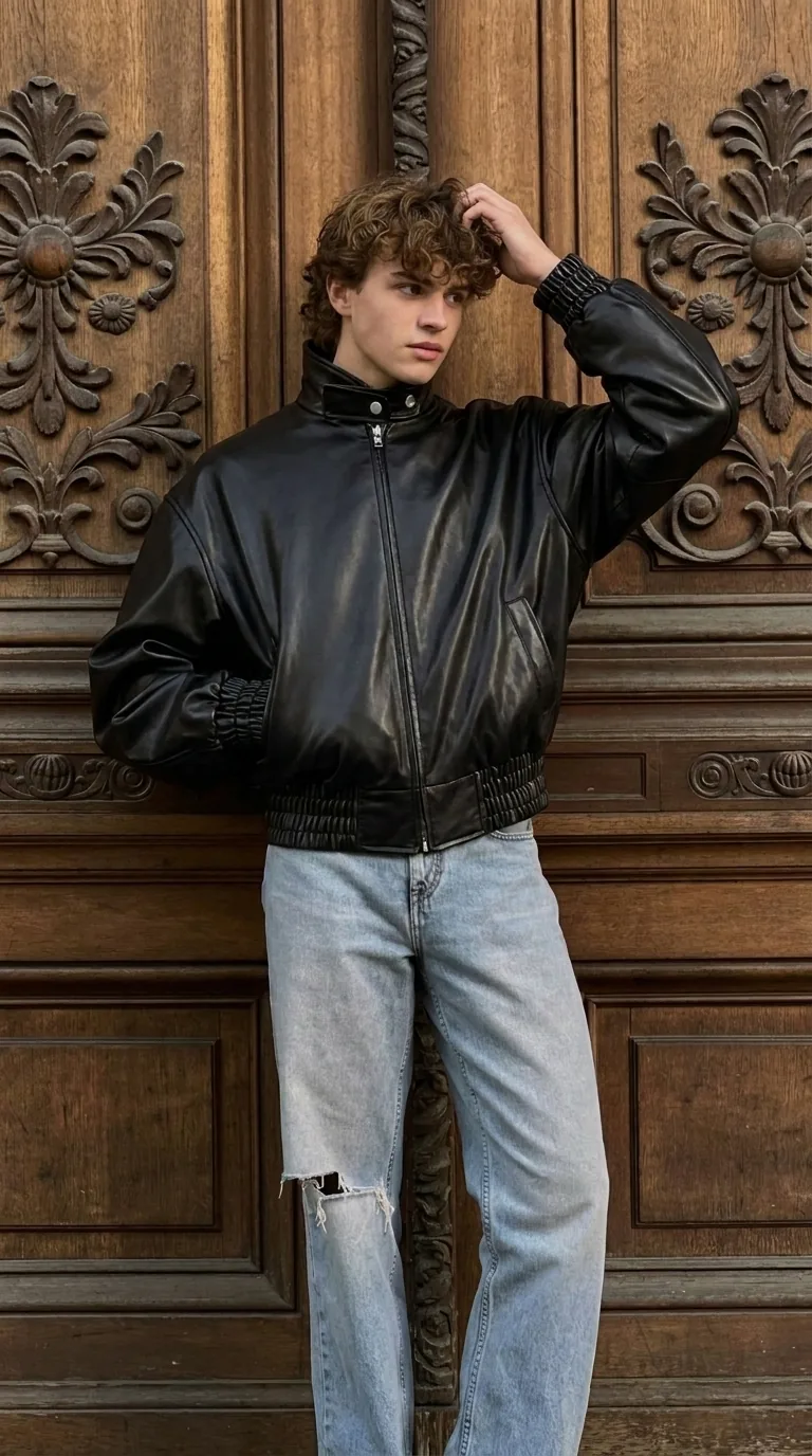 Man wearing Buneri black leather bomber jacket