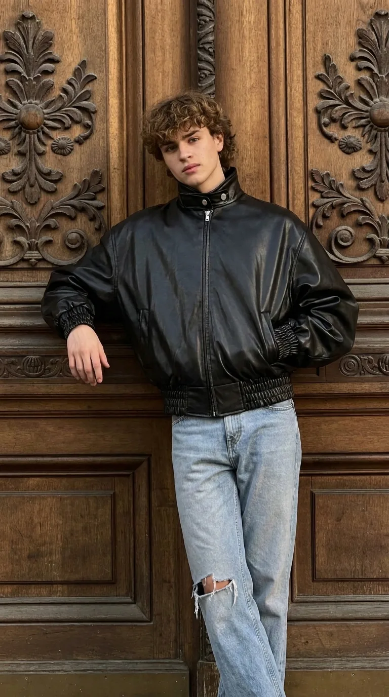 Man wearing Buneri black leather bomber jacket