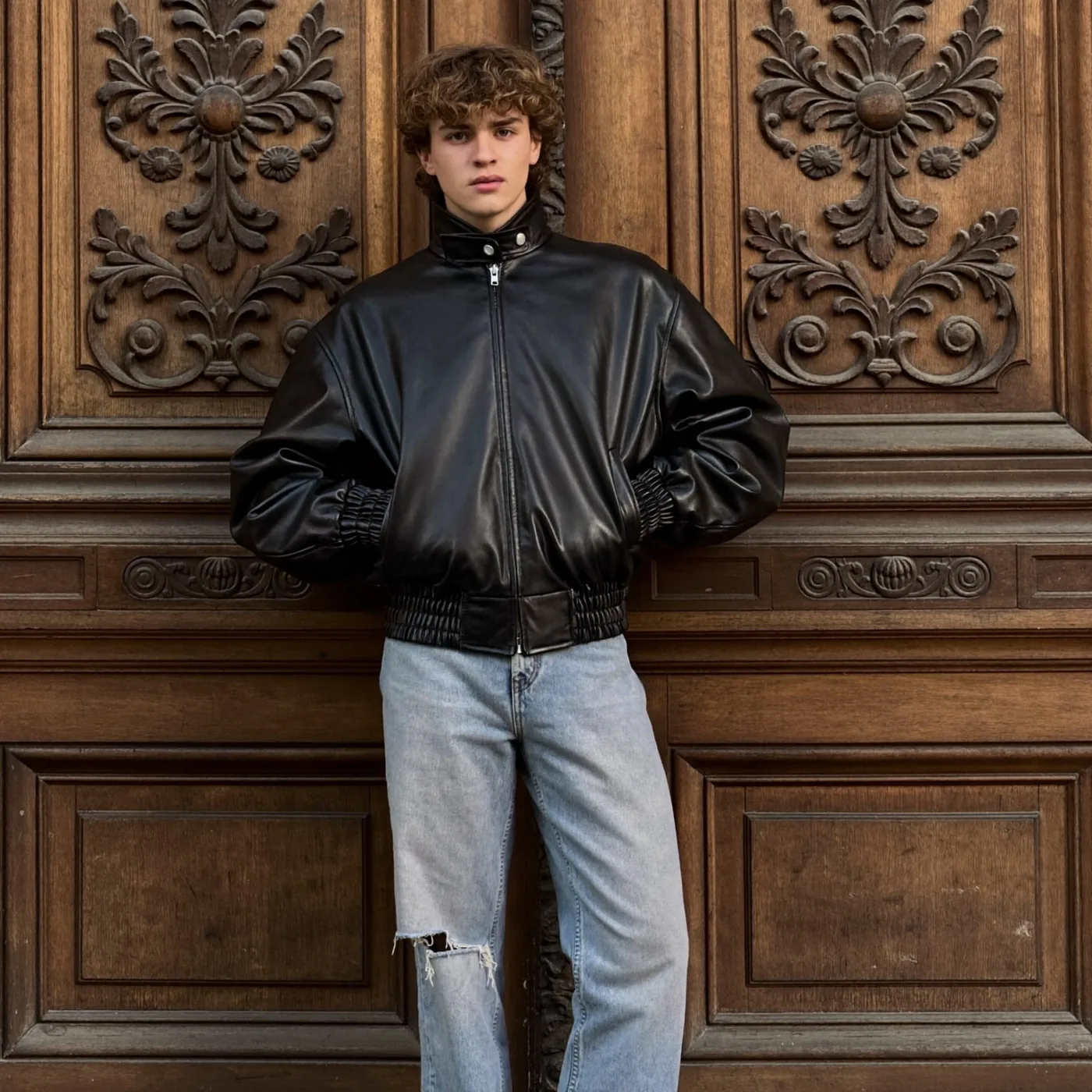 Man wearing Buneri black leather bomber jacket